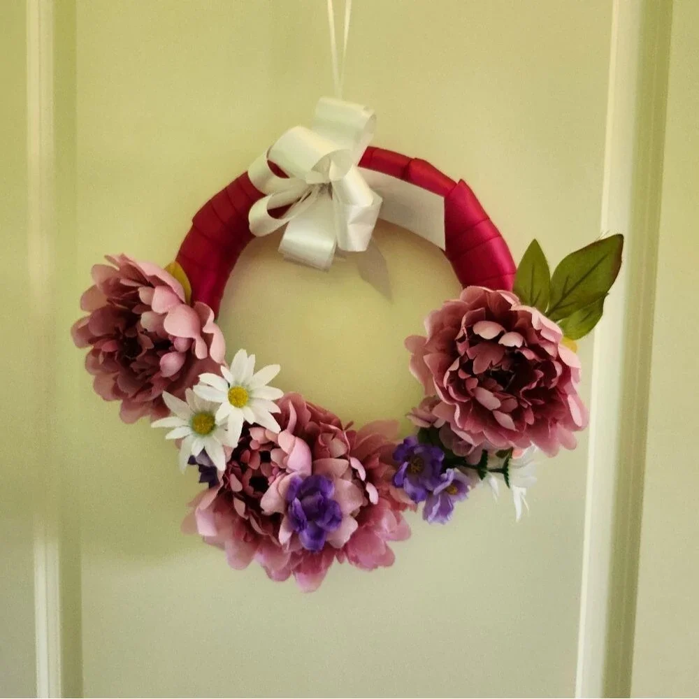 Hand Crafted Pink Peony Daisy Floral Wreath Summer Door Wall Decoration